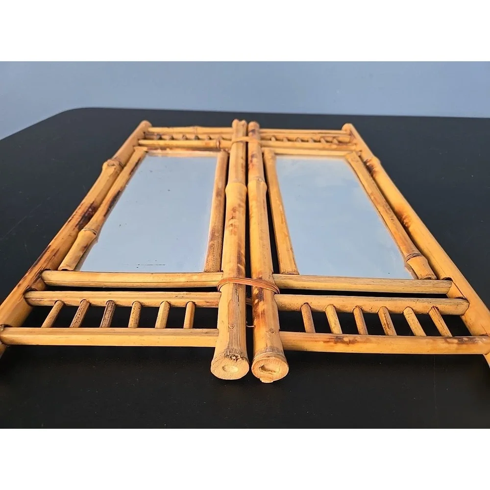 VTG Bamboo Rattan Tabletop Vanity Mirror Folding 2 Sides Jewelry Holder Boho